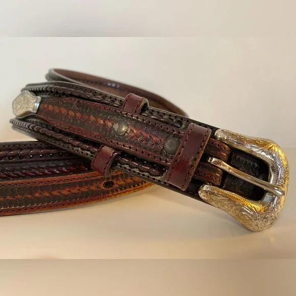 Vintage Resistol Leather Silver Tone Belt 36 Waist 36/90 Brown Full Grain - Picture 3 of 10